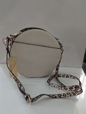 Round Beige Crossbody Bag with Leopard Trim NWY